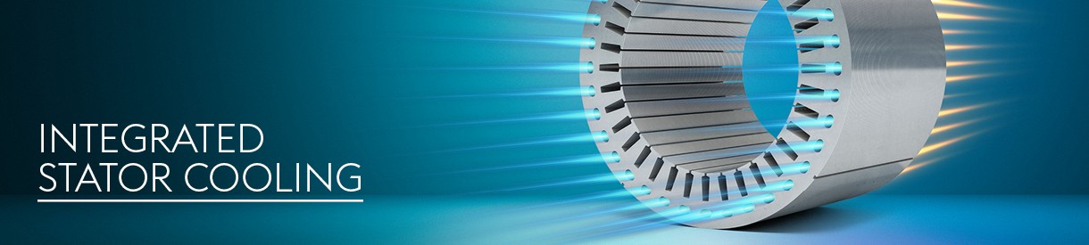 voestalpine stator cooling of an electric motor on a blue background