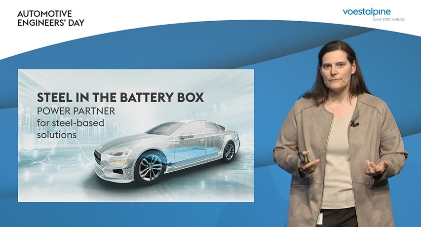 Andrea Tuksa from voestalpine gave a presentation at the voestalpine Automotive Engineers' Day on the topic of steel in the battery box.