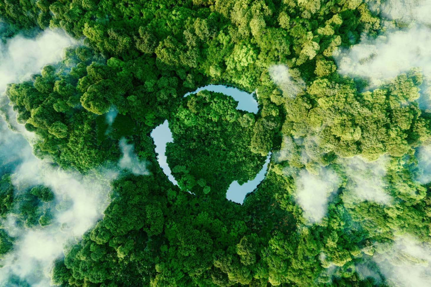 Rainforest aerial view with water in the shape of recycling symbol