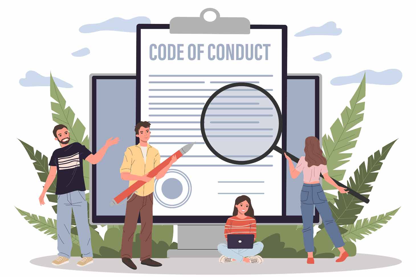 Illustration Code of Conduct with illustrated people, one holding a giant magnifying glass and one holding a giant pen
