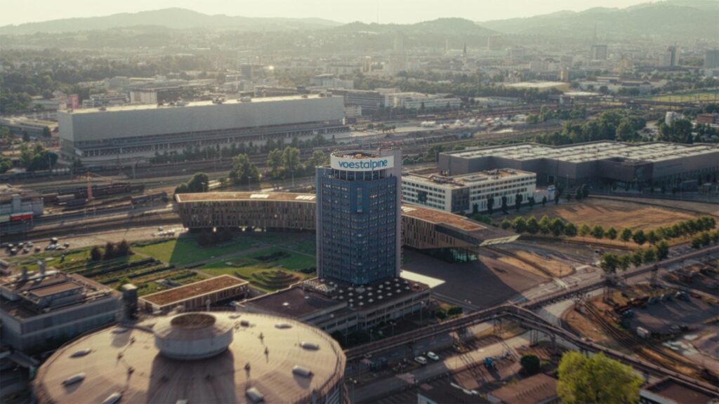 Aerial view of the blue tower, voestalpine headquarters in Linz