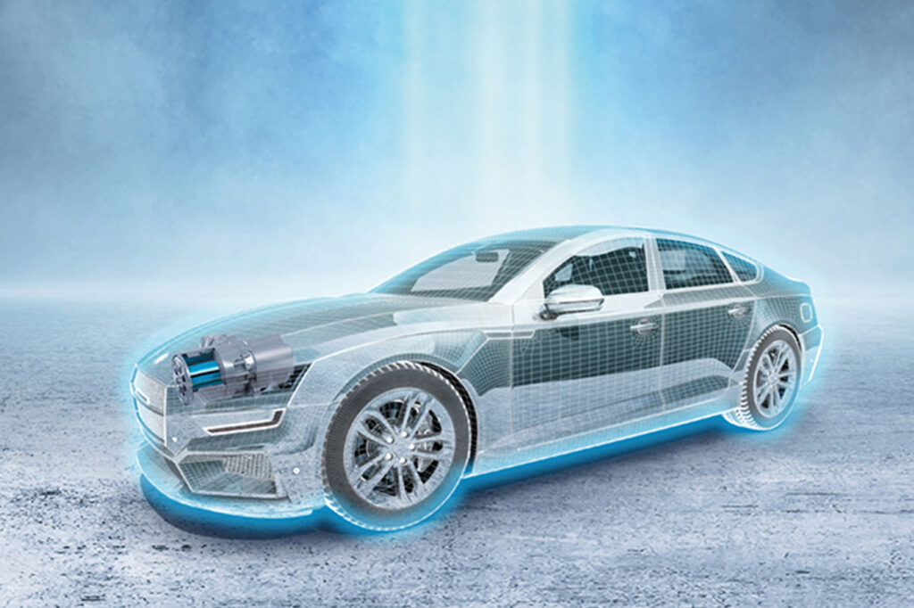 Half transparent rendering of Electric Car with highlighted electrical steel strip