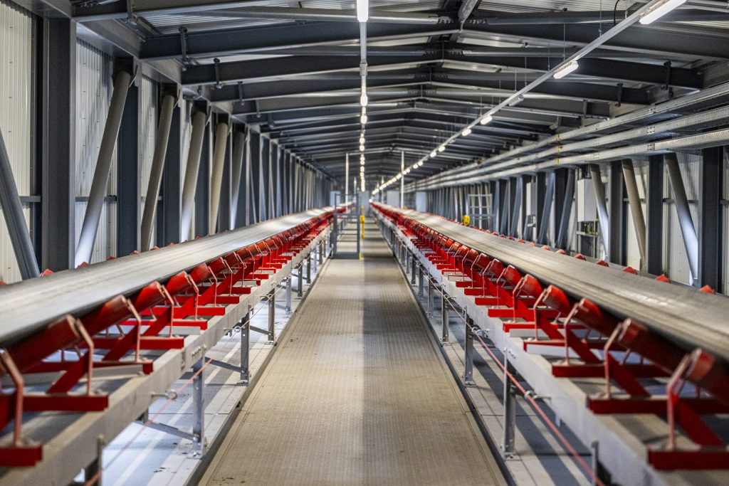 Inside the new conveyor belt bridge for the raw material supply of the voestalpine steelworks in LInz