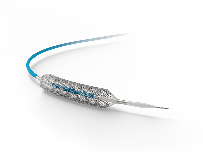 Medical balloon catheter with braided metal mesh and flexible tubing on a white background.
