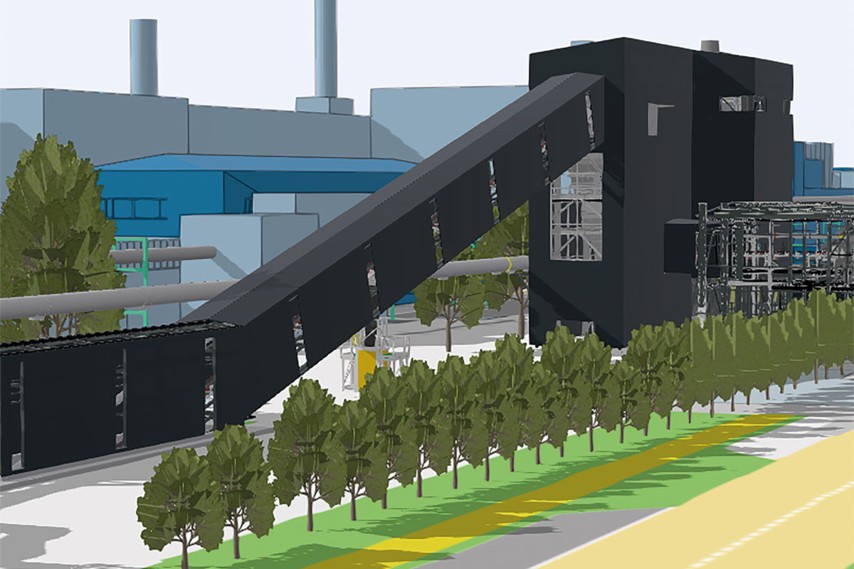 Visualisierung einer greentec steel Förderbandbrücke mit schwarzer Stahlkonstruktion, Industriegebäuden und Baumreihe im Vordergrund.