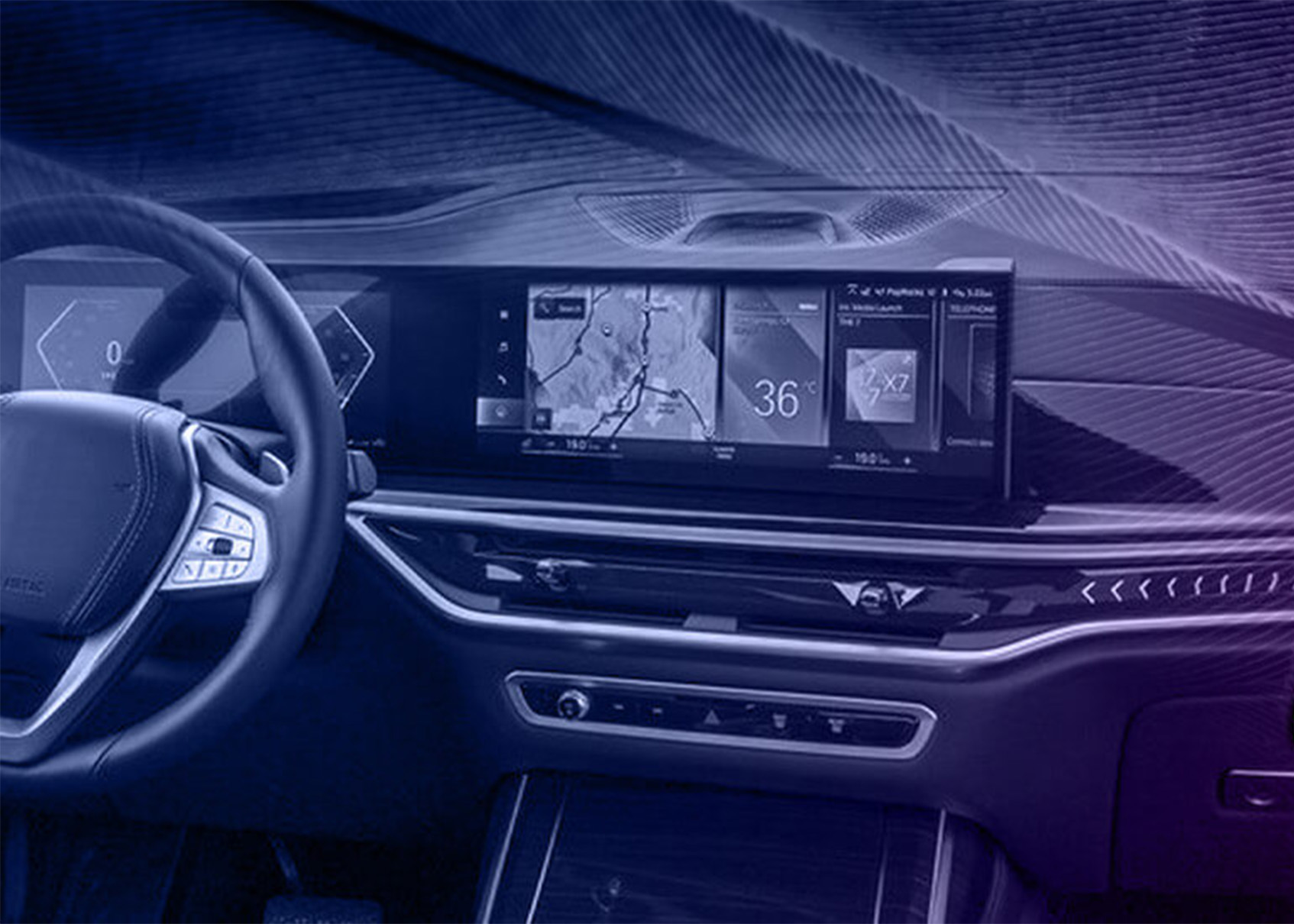 Modern vehicle cockpit with a digital instrument cluster, large infotainment display and integrated navigation system.