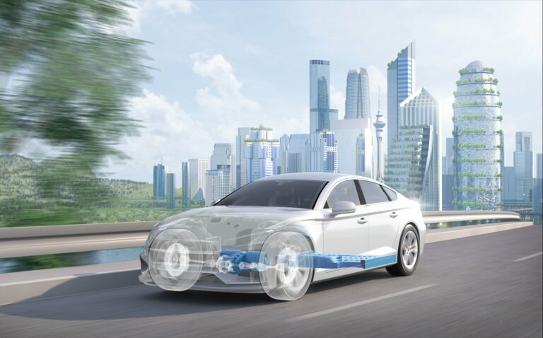 Illustration of an electric car driving through a modern green city, with a transparent view of the battery and electric drivetrain.