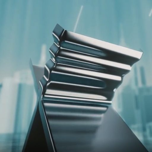 Formed metal structural component with multiple reinforcing ribs against a stylized urban background.