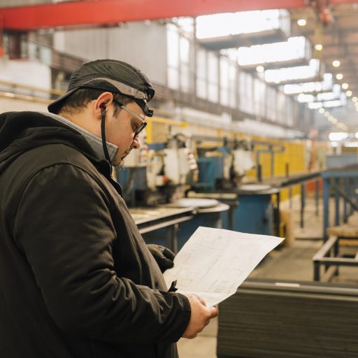 Mathias reviews technical drawings and supports manufacturing processes in a modern metal processing production environment.