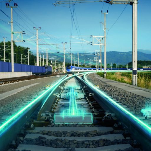 Digital vernetztes Bahngleis mit visualisierten Sensor- und Datentechnologien für eine intelligente und zukunftsfähige Schieneninfrastruktur.