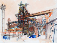 Hochofen, Aquarell, 40 x 50 cm