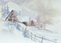 Almhütte, Aquarell, 40 x 50 cm