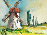 Windmühle, Aquarell, 50 x 70 cm