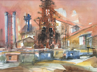 Hochofen, Aquarell, 40 x 50 cm