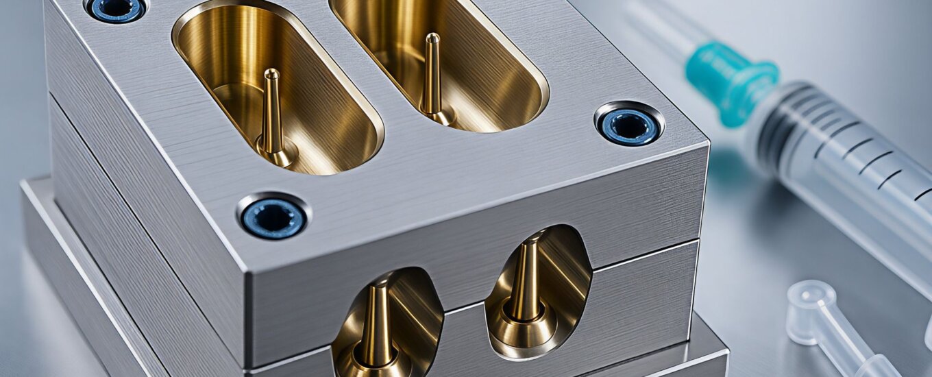 A close-up of a shiny metal mold with two oval cavities and four bolts, positioned next to a plastic syringe and small plastic caps on a metallic surface.