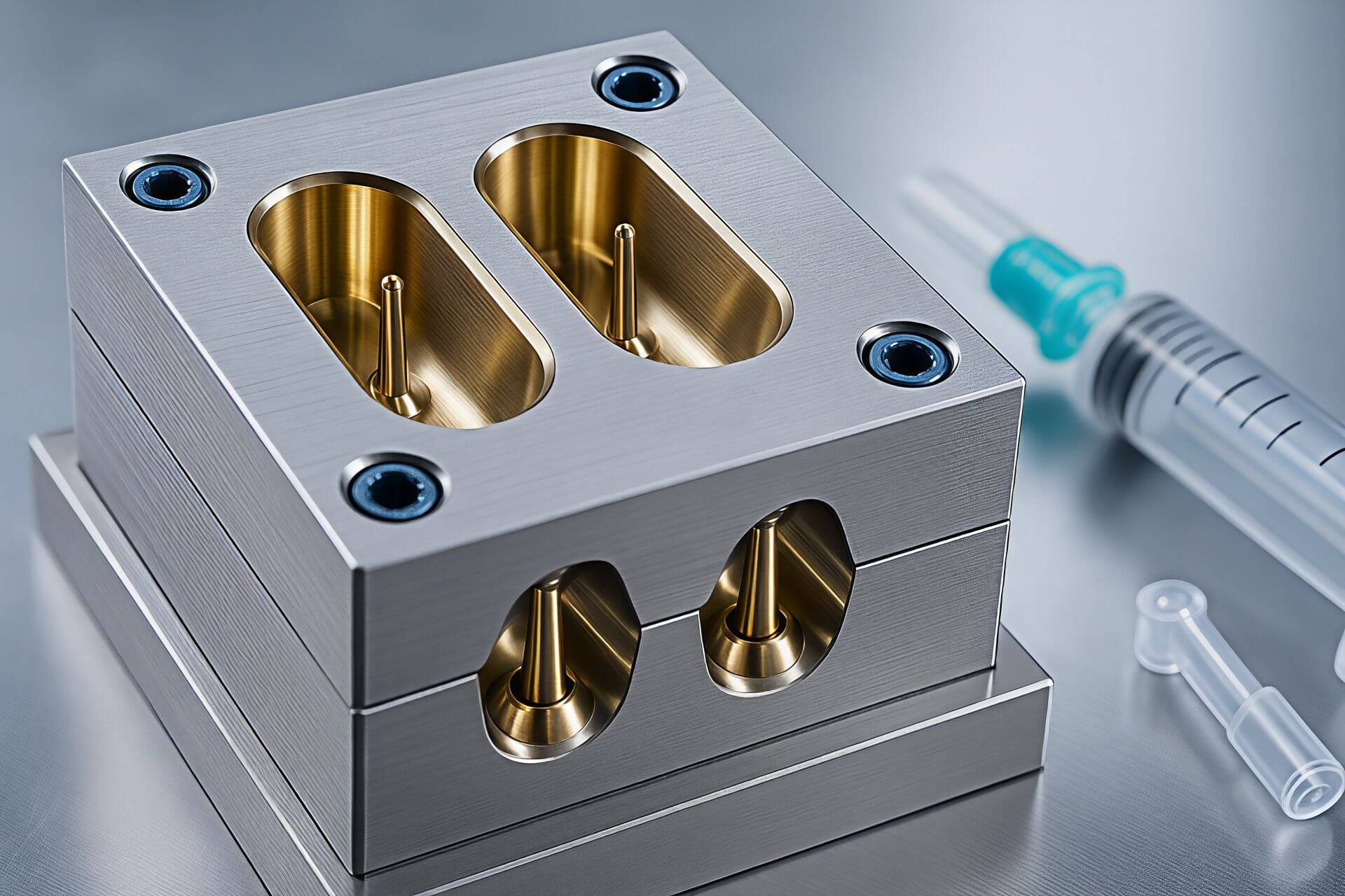 A close-up of a shiny metal mold with two oval cavities and four bolts, positioned next to a plastic syringe and small plastic caps on a metallic surface.
