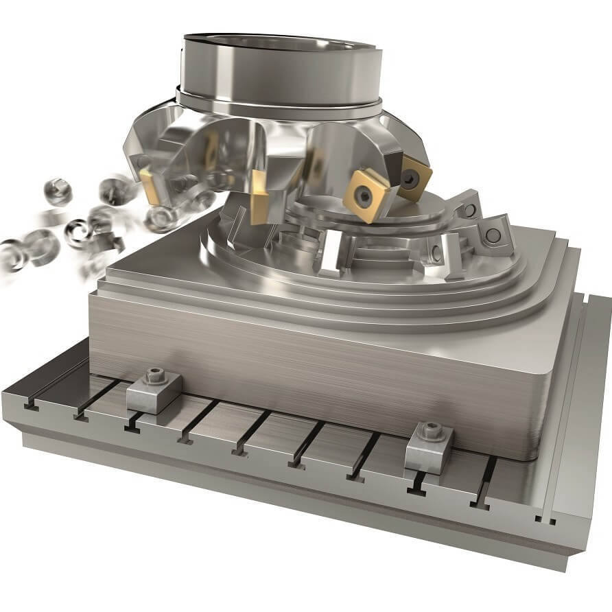 Digitales Rendering eines Fräswerkzeugs aus Warmarbeitsstahl mit mehreren Schneidplatten, das einen großen rechteckigen Metallblock bearbeitet, spiralförmige Nuten erzeugt und Metallspäne auswirft.