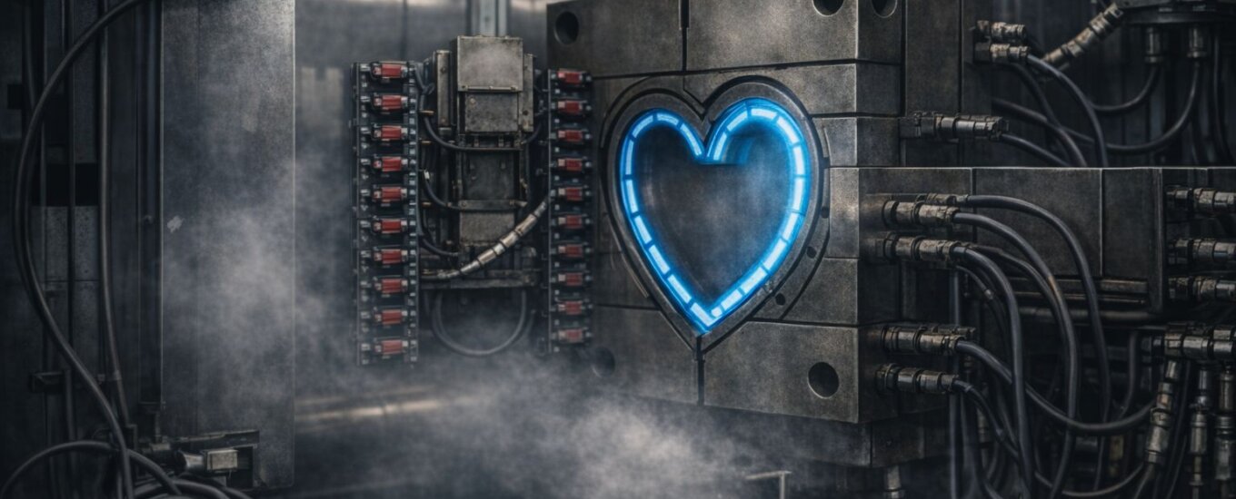 High pressure die casting with blue heart shaped centre