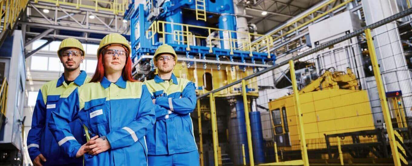 Three workers in blue and yellow uniforms with safety helmets and goggles stand confidently in a modern steel production facility, surrounded by large machinery and safety barriers.