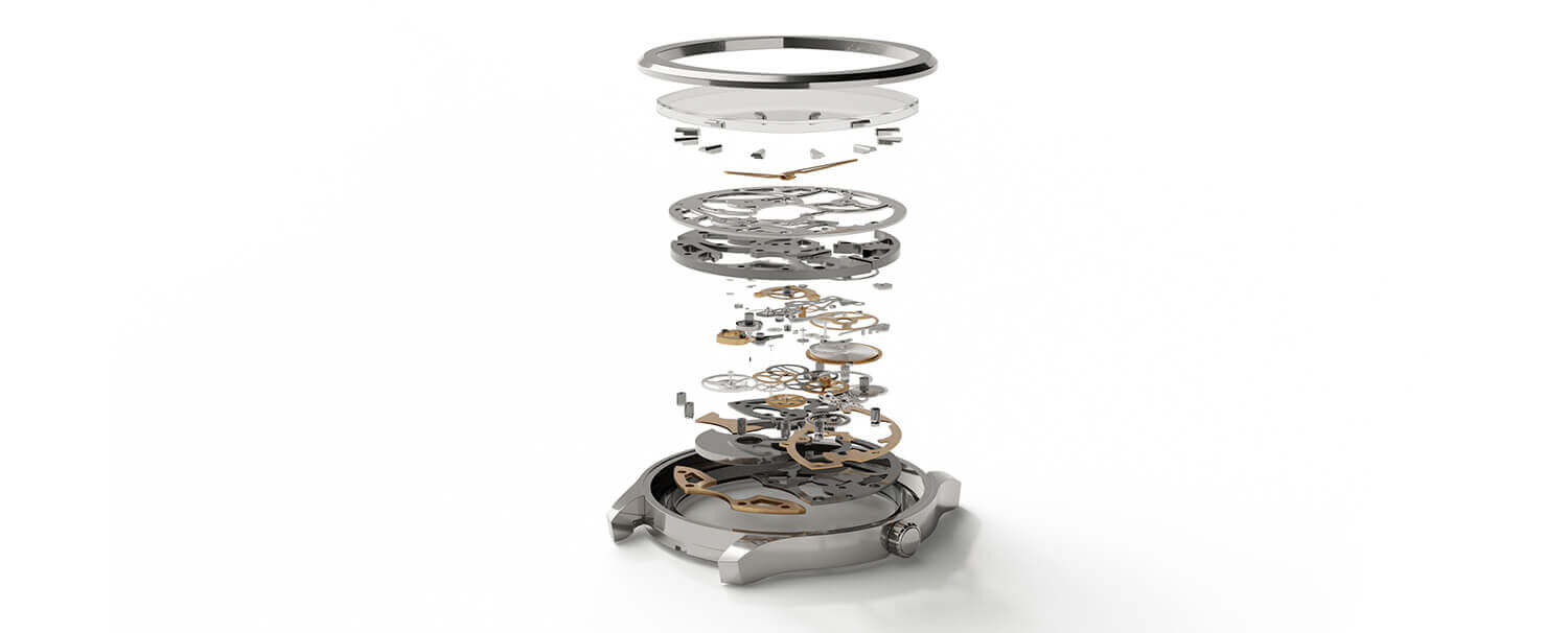 A exploded view of a watch, with all its components lifting off.