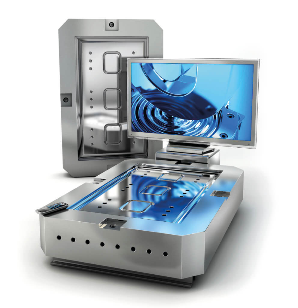 A metallic device with a digital screen displaying a close-up, blue-tinted image of machinery—highlighting the precision involved in selecting injection moulding materials for electronics—is set on a reflective surface with another metal component behind it.