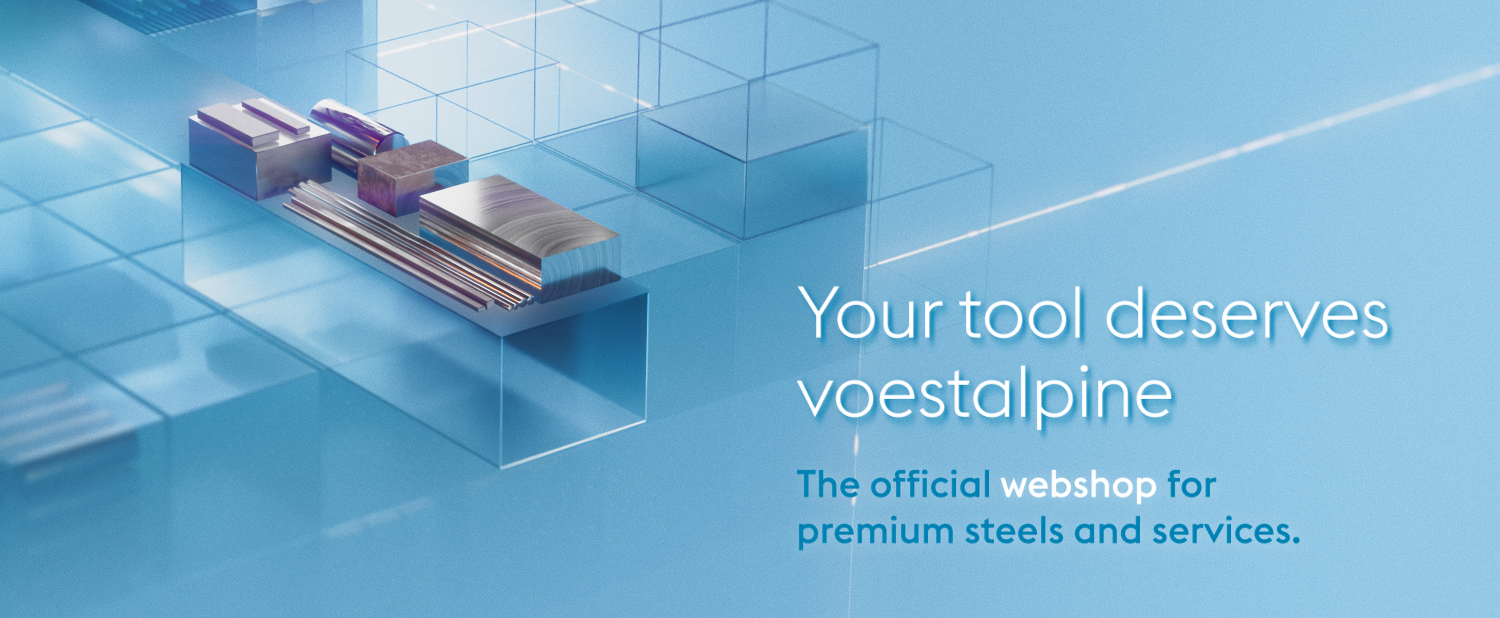 Several types of metal bars and sheets are displayed in a geometric, blue-toned digital environment. Text reads: Your tool deserves voestalpine. The official webshop for premium steels and services.