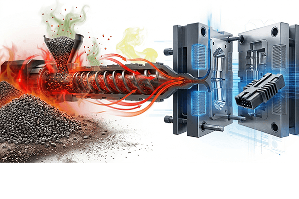 Eine digitale Illustration, die zeigt, wie Kunststoffgranulat geschmolzen und in eine Metallform gespritzt wird, und damit den Spritzgussprozess zur Herstellung von Kunststoffteilen veranschaulicht.