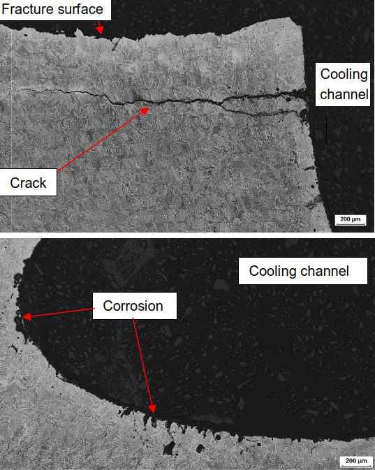 En bas : image au microscope optique de plusieurs points de corrosion en coupe transversale