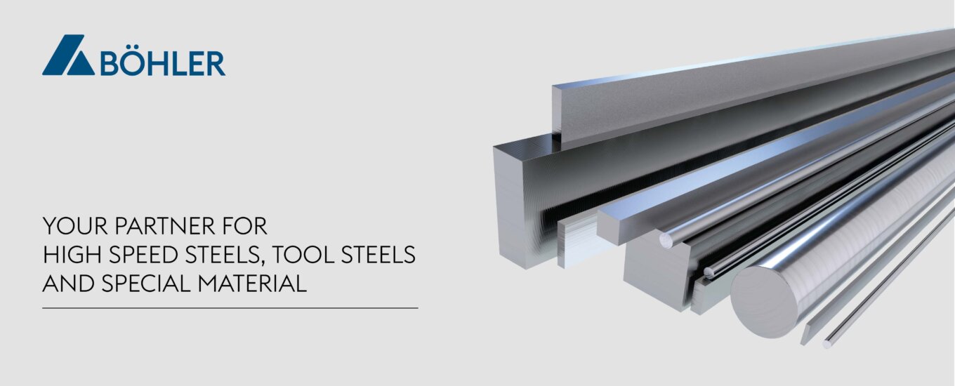 BÖHLER logo, text reading Your partner for high speed steels, tool steels and special material, with metal bars, rods, and beams in various shapes on a light background.
