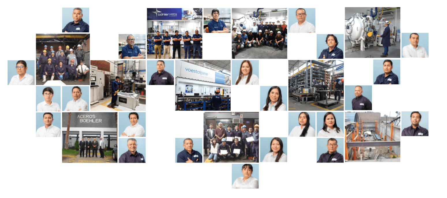 A collage of various group and individual photos of factory workers, engineers, and office staff in industrial and office settings, showcasing diverse team members and machinery in a manufacturing environment.