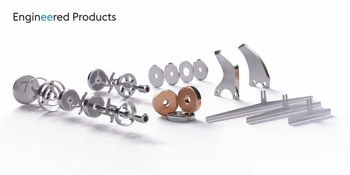 Various precision-engineered metal and copper mechanical components are displayed on a white surface, with the text Engineered Products in the top left corner.