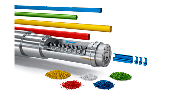 A cutaway view of an industrial machine shows internal gears, with colored pipes and matching plastic pellets—yellow, red, white, green, and blue—indicating extrusion or manufacturing processes.