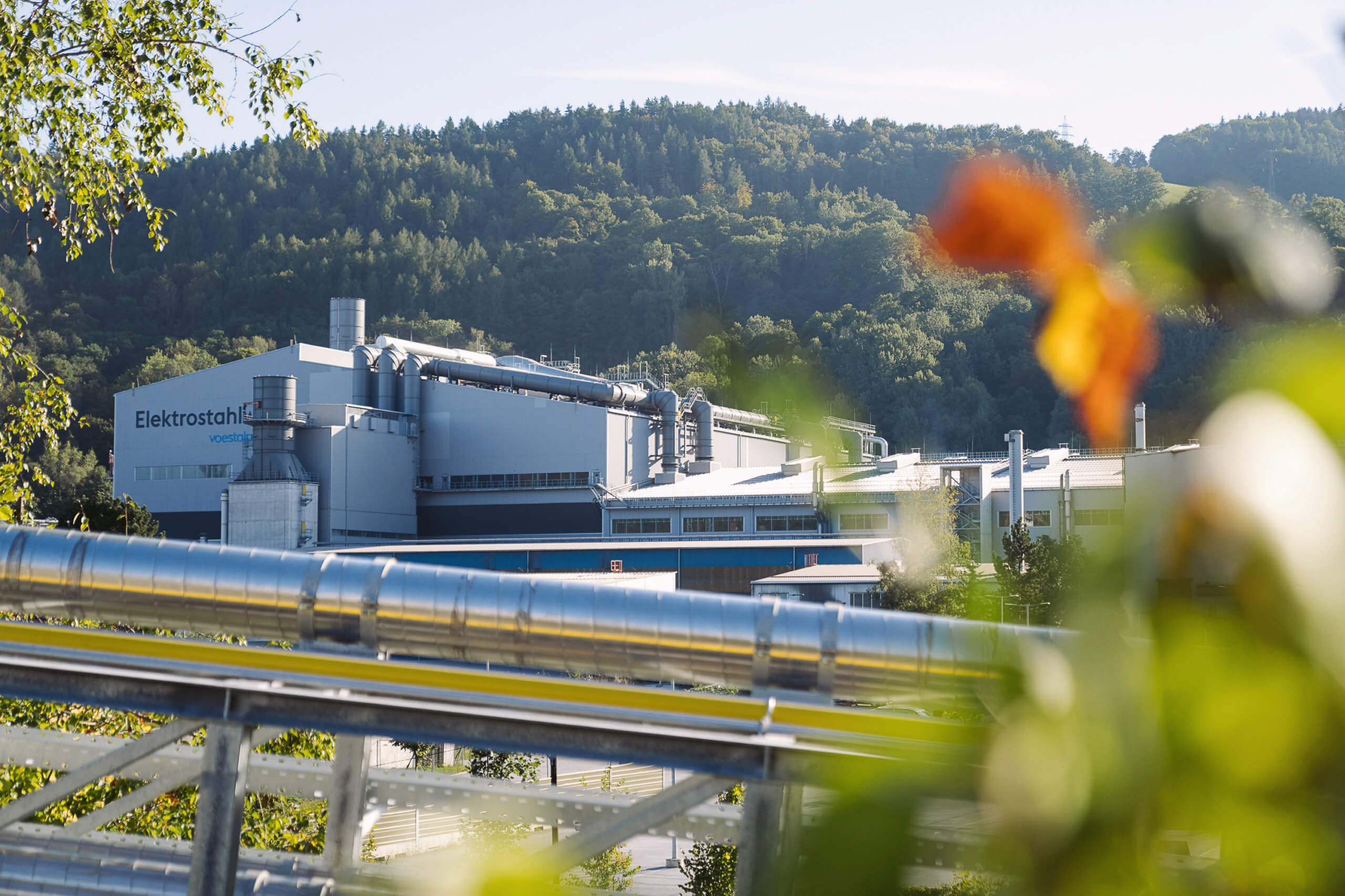 A large industrial building labelled Elektroschiff is surrounded by trees and hills; metal pipes run across the foreground, and leaves partially obscure the view.
