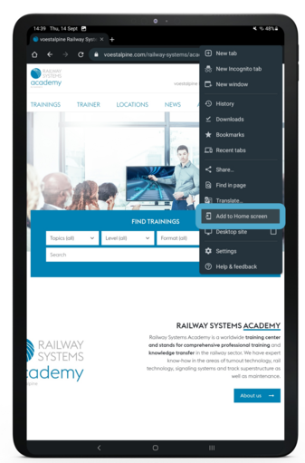 Railway Systems Academy on your home screen - shortcut tablet step1