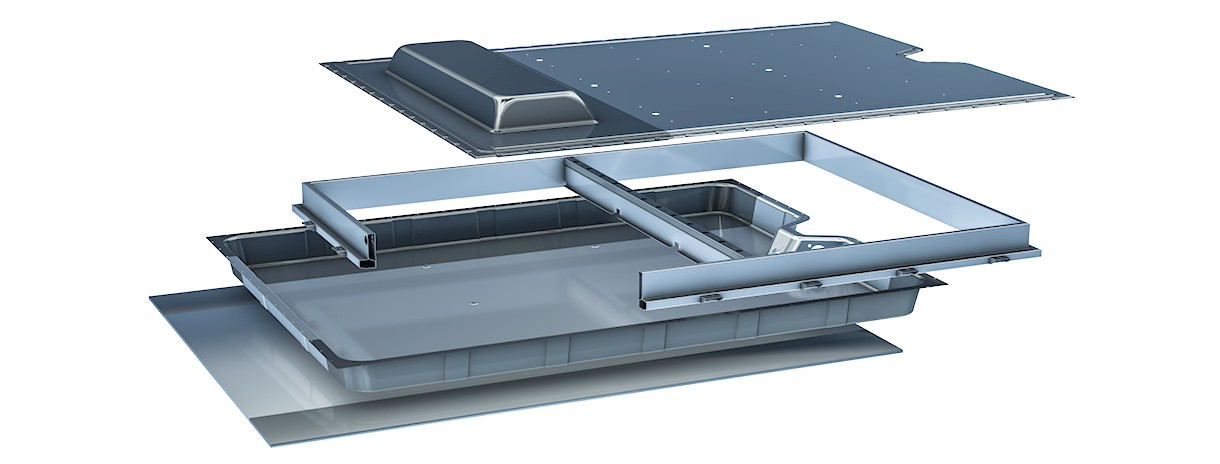 Aufbau der Batteriebox bestehend aus Cover, &auml;u&szlig;erem Profil, Quertr&auml;ger, Tray und Tailor Welded Blank