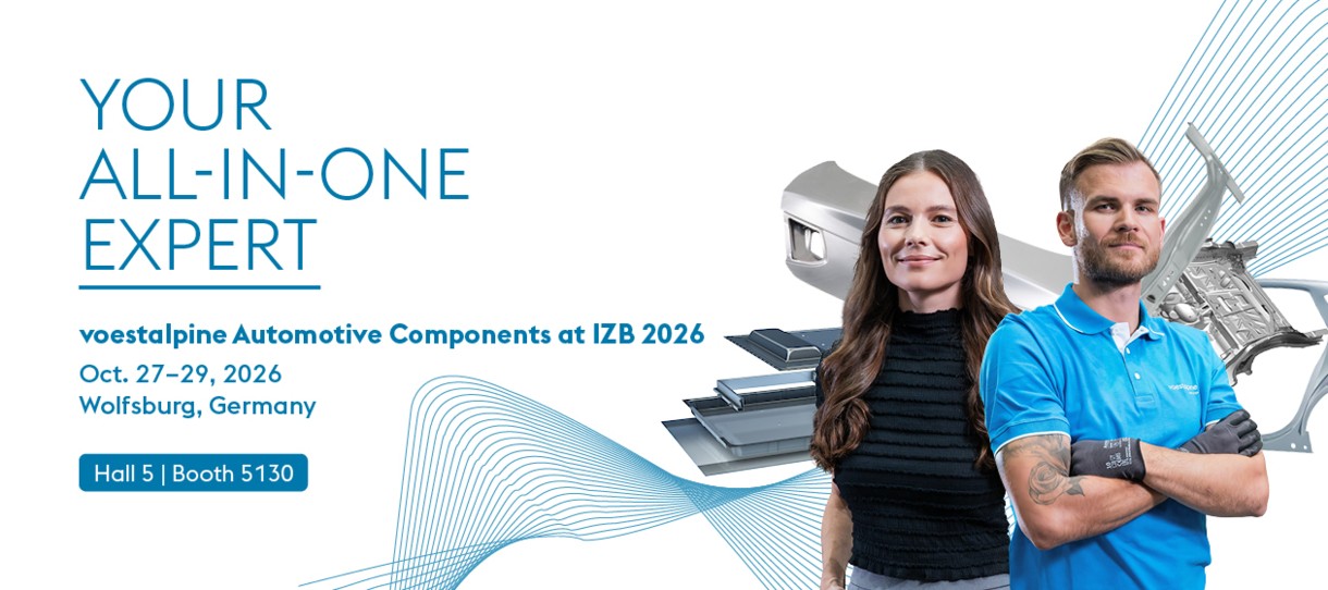 Eventbanner von voestalpine Automotive Components zur Einladung zur IZB 2026 in Wolfsburg vom 27. bis 29. Oktober.