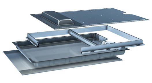 Aufbau der Batteriebox bestehend aus Cover, äußerem Profil, Querträger, Tray und Tailor Welded Blank