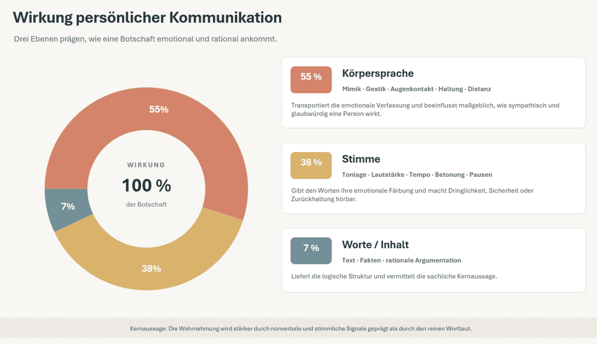 Kreisdiagramm mit Prozentangebe für die Auswirkung der Körpersprache