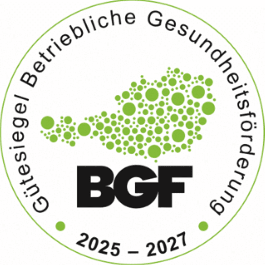 Logo der Betrieblichen Gesundheitsförderung (BGF) mit Gütesiegel für den Zeitraum 2025 bis 2027.