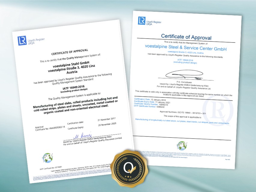 Certificate IATF 16949 voestalpine Stahl GmbH