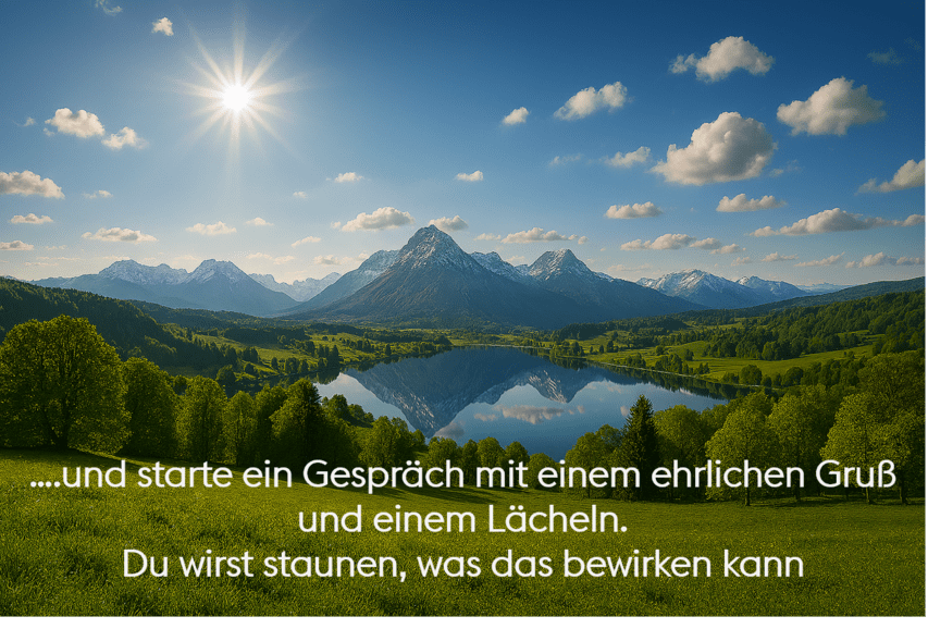 Blick vn einem H&uuml;gel auf einen glasklaren Gebirgssee umringt von Wiesen und Bergen