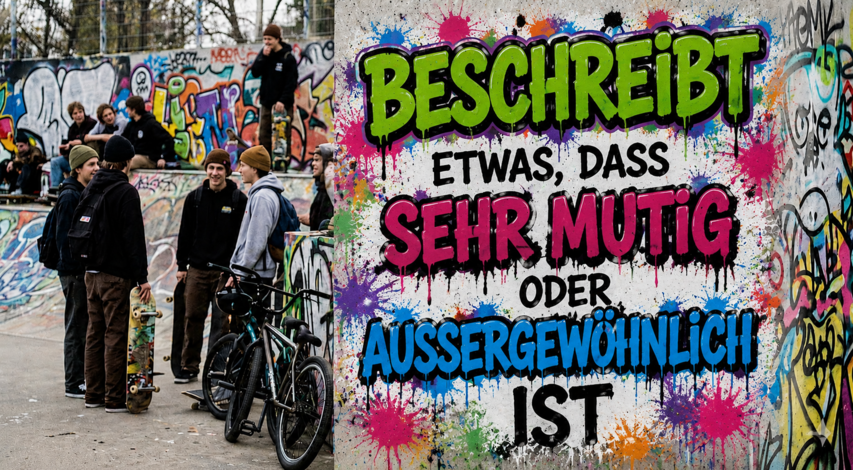 Blauer gestreifter Hintergrund, stolzer Junge mit Augenmaske auf einem Berggipfel