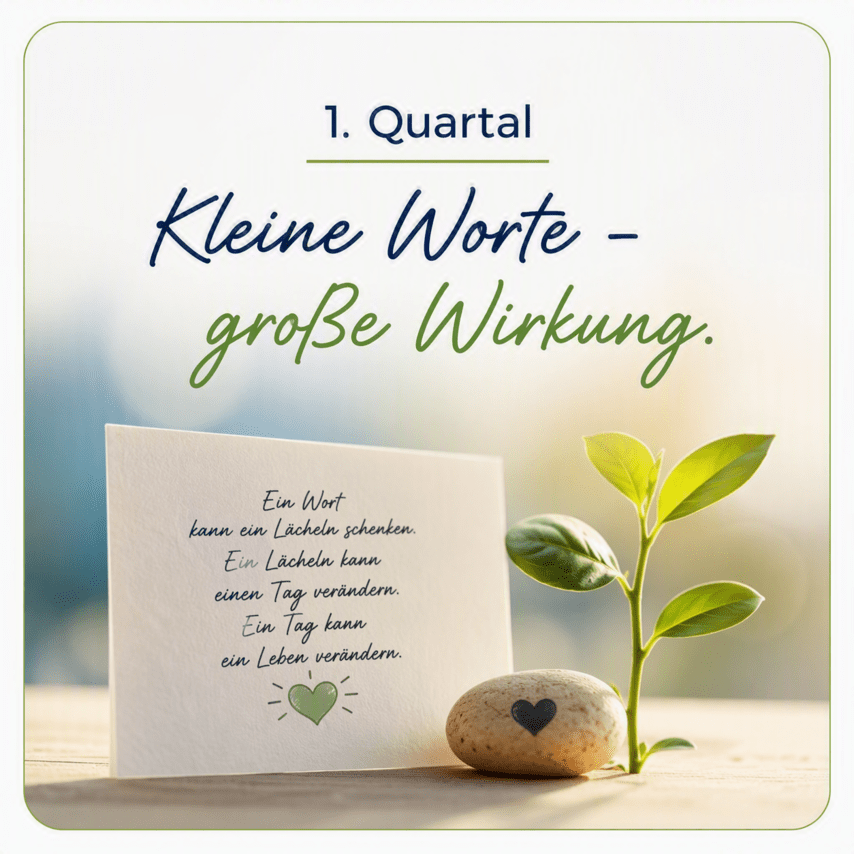 Sanfte warme Farben, K&auml;rtchen mit Text, kleine gr&uuml;ne Pflanze mit kleinem ovalen Stein