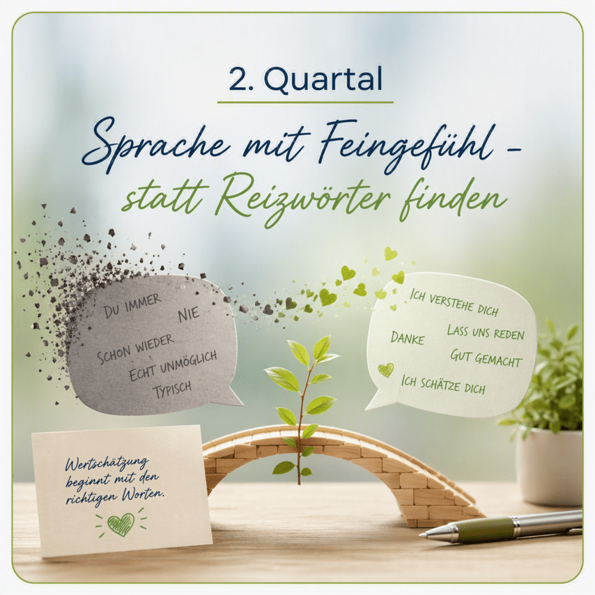 eine kleine Br&uuml;cke aus Holzbl&ouml;cken, K&auml;rtchen mit Text, Pflanze