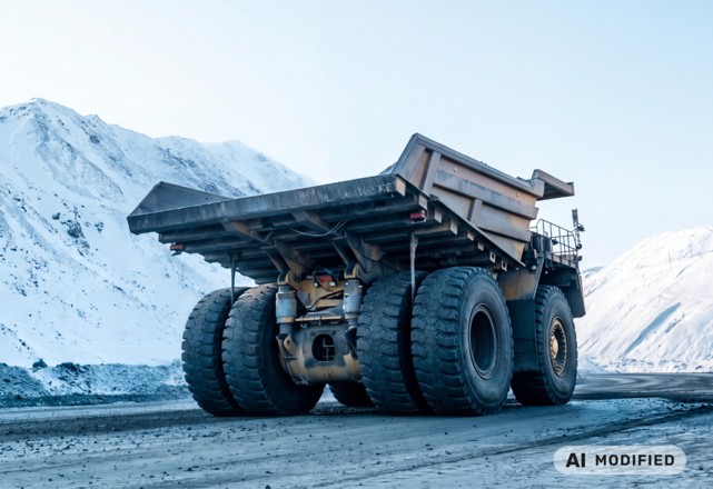 Large dump truck on a snow-covered mining road
