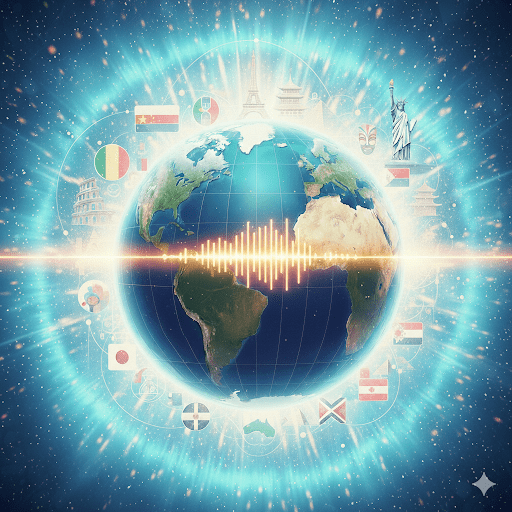 Weltkugel umrahmt von Flacken und Wahrzeichen verschiedener Nationen