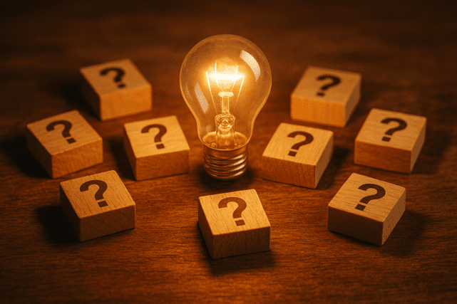 kleine Holzwürfel mit Fragezeichen, leuchtende Glühbirne in der Mitte