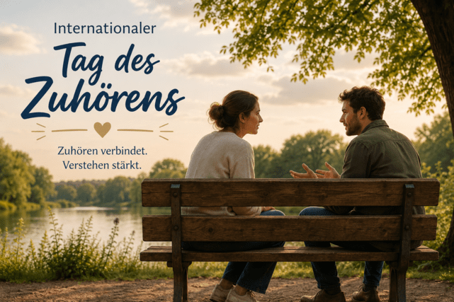 Zwei Peronsen unterhalten sich auf einer Holzbank sitzend am Ufer eines Sees w&auml;hrend des Sonnenuntergangs