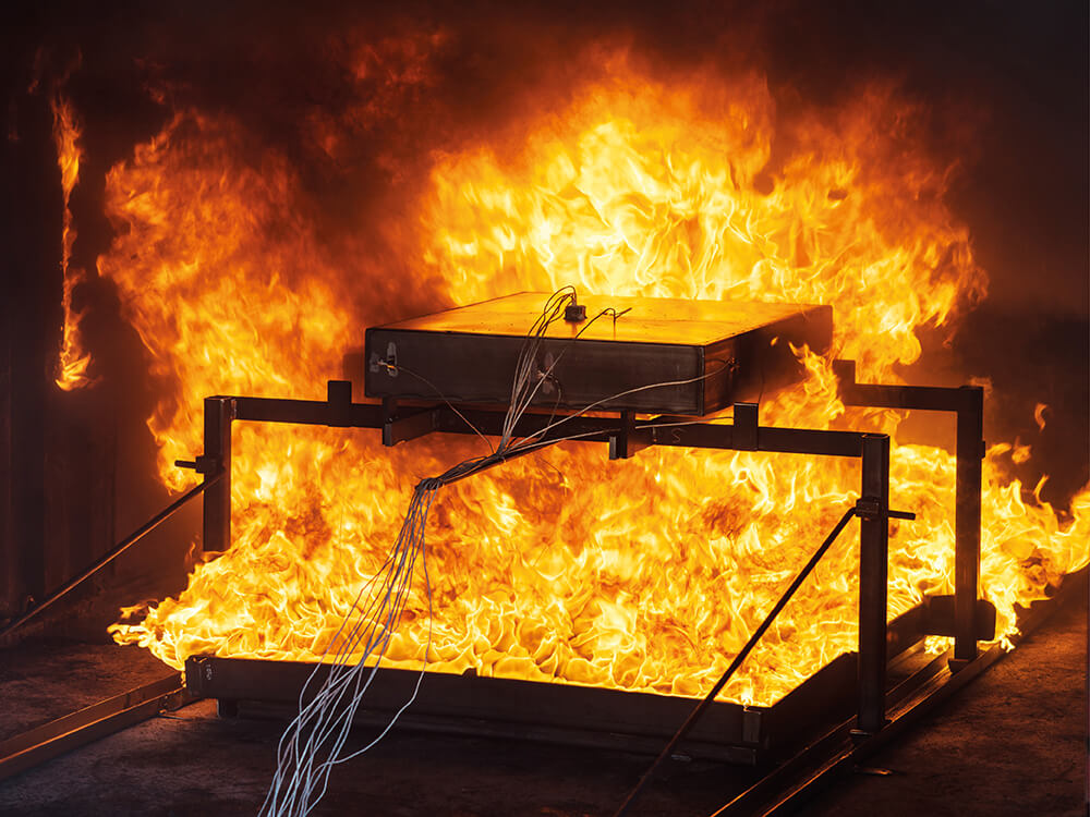 Electric car battery box fire test at voestalpine